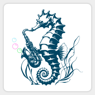 Saxophone Seahorse Rocking Underwater Jazz retro design with colorful bubbles Sticker